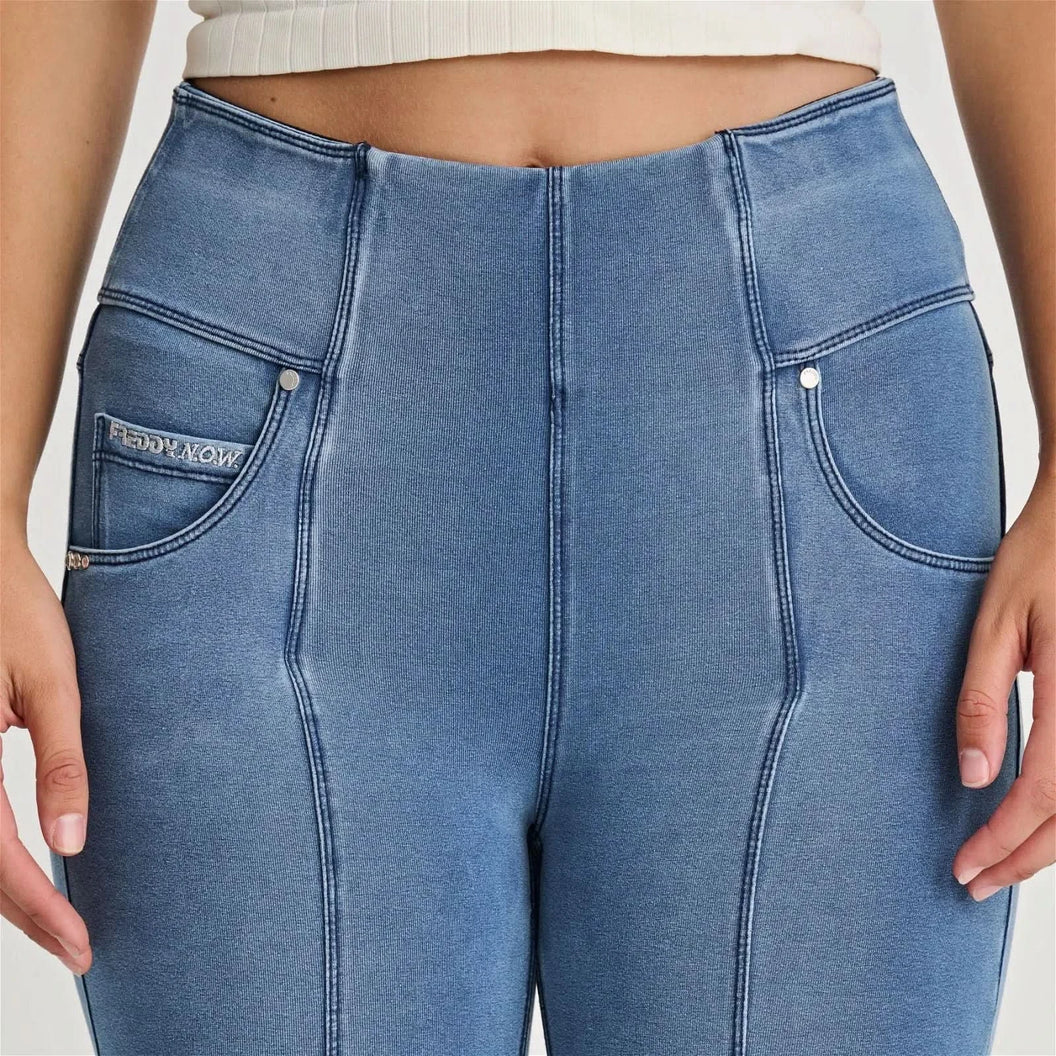N.O.W® Denim - High Waisted - 7/8 Flare - Light Blue + Blue Stitching