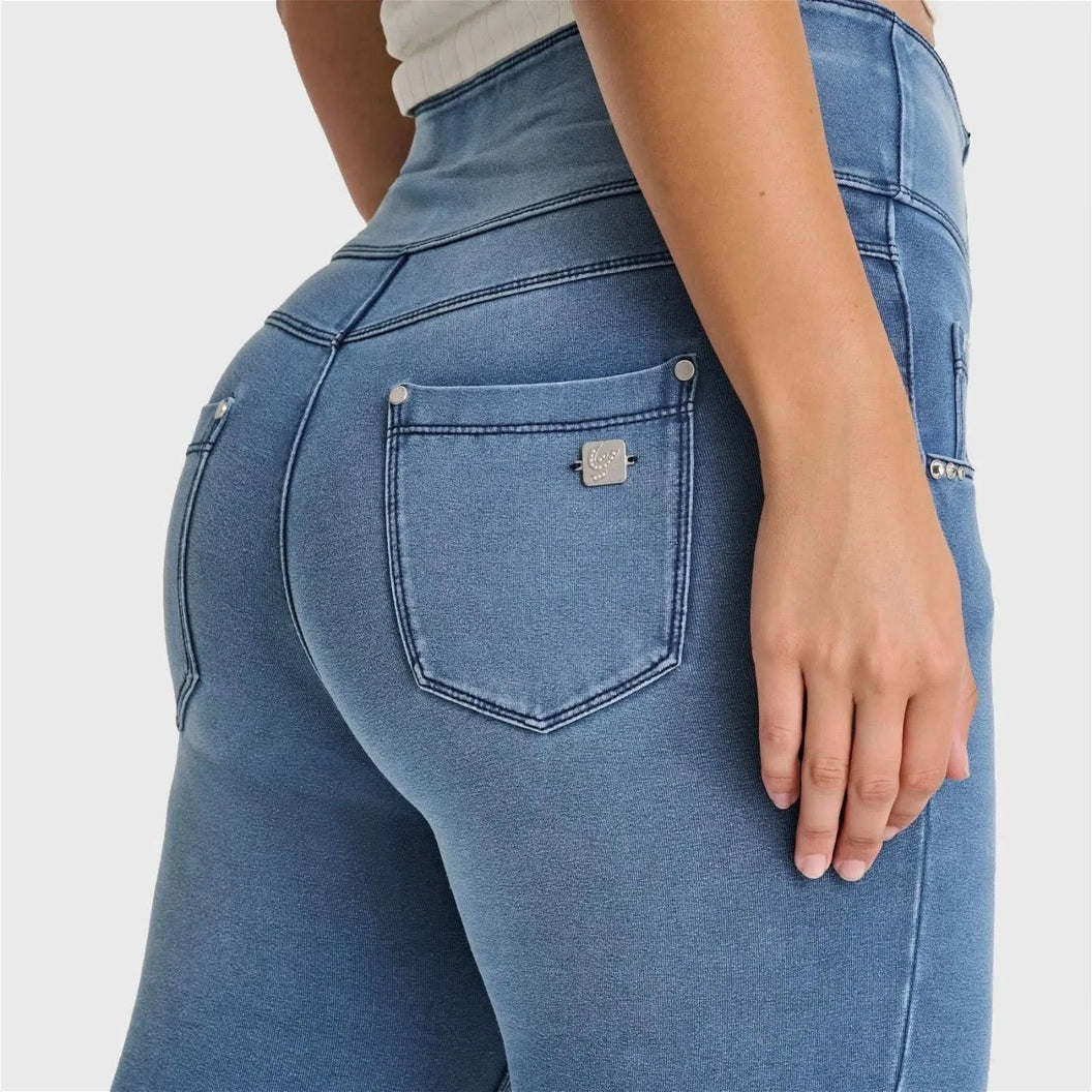 N.O.W® Denim - High Waisted - 7/8 Flare - Light Blue + Blue Stitching