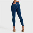 N.O.W® Denim - High Waisted - 7/8 Length - Dark Blue + Yellow Stitching