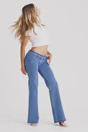 WRUP Denim - Belted Low Rise - Flare - Light Blue + Blue Stitching