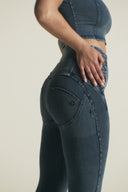 WRUP Denim Criss Cross Detail - High Waisted - 7/8 Length - Indigo Denim + Blue Stitching