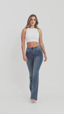 WRUP Denim with Feature Seam - High Waisted - Bell Bottom Flare - Vintage Blue + Blue Stitching