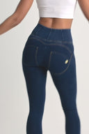 WRUP Denim - High Waisted - Full Length - Dark Blue + Yellow Stitching