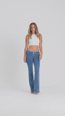 WRUP Denim - Mid Rise - Bell Bottom Flare - Light Blue + Yellow Stitching