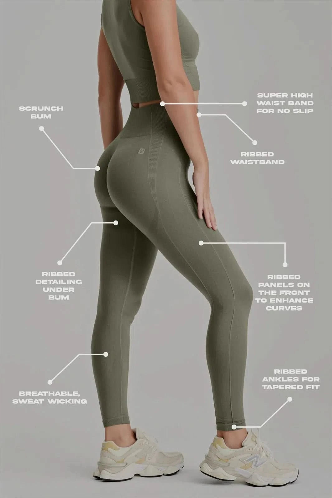 Seamless Active Leggings - High Waisted - 7/8 Length - Military Green 2