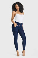 WRUP Cargo Denim - High Waisted - 7/8 Length - Dark Blue + Blue Stitching
