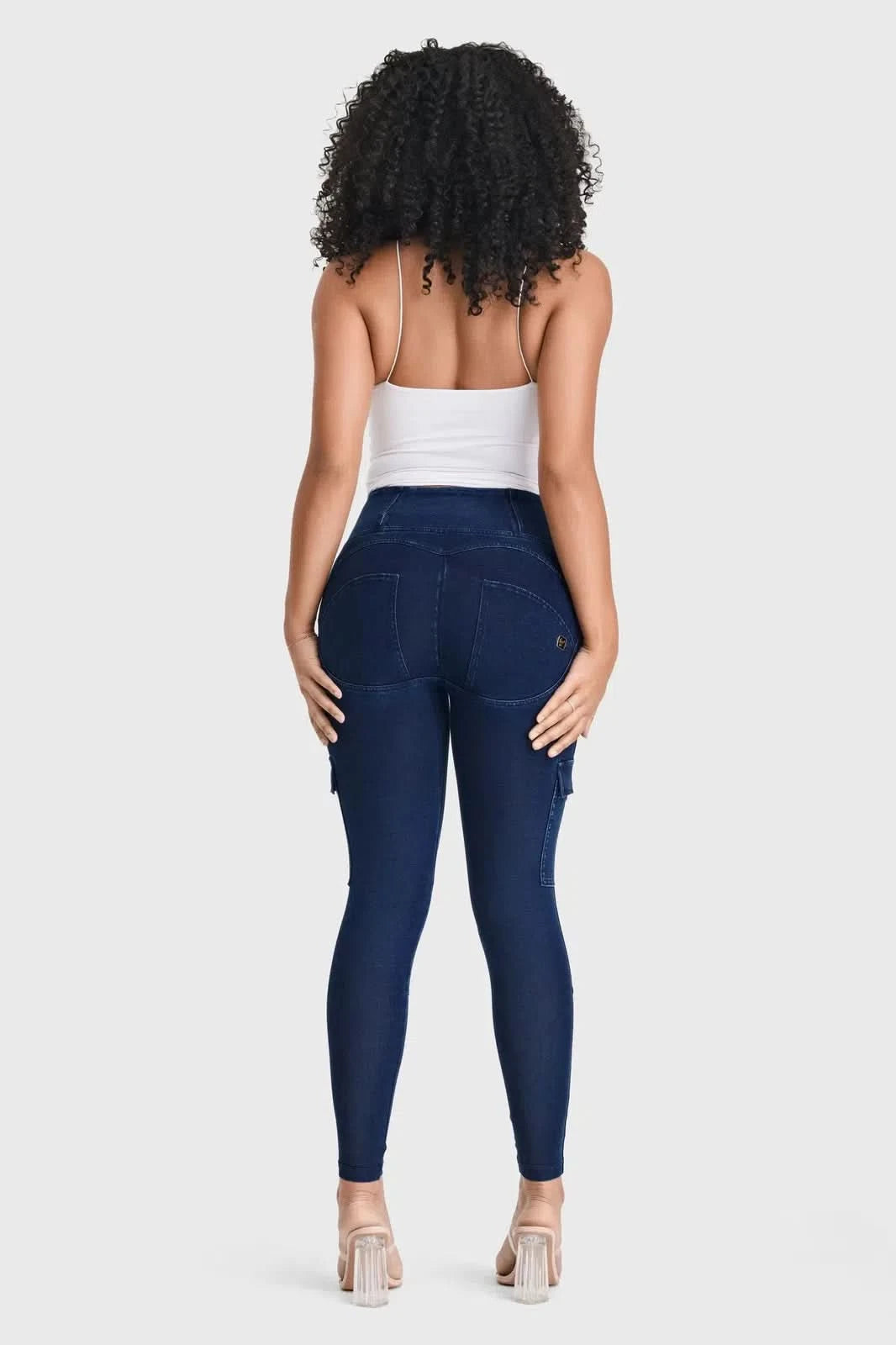 WRUP Cargo Denim - High Waisted - Petite Length - Dark Blue + Blue Stitching