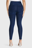 WRUP Cargo Denim - High Waisted - 7/8 Length - Dark Blue + Blue Stitching