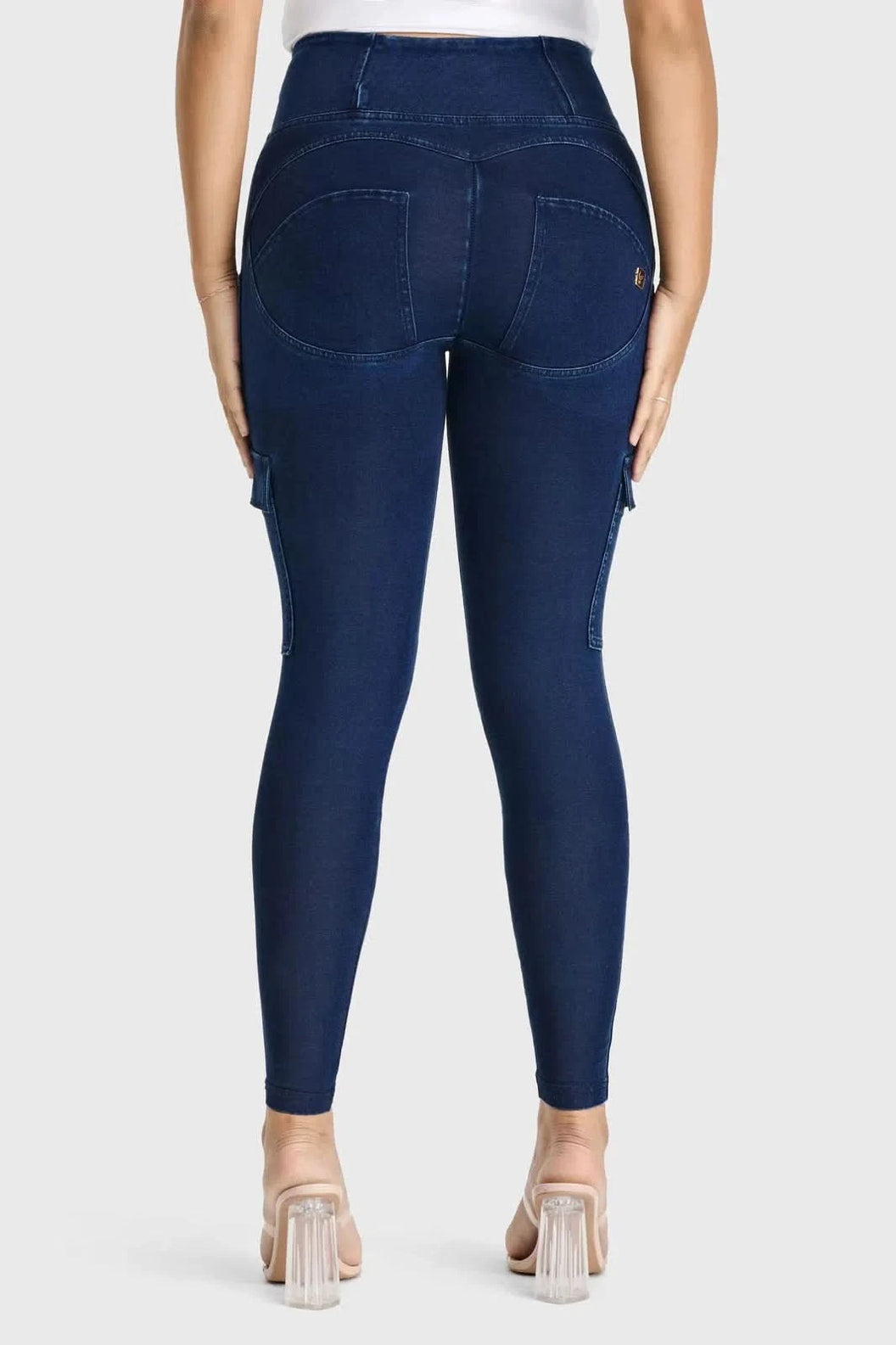 WRUP Cargo Denim - High Waisted - Petite Length - Dark Blue + Blue Stitching