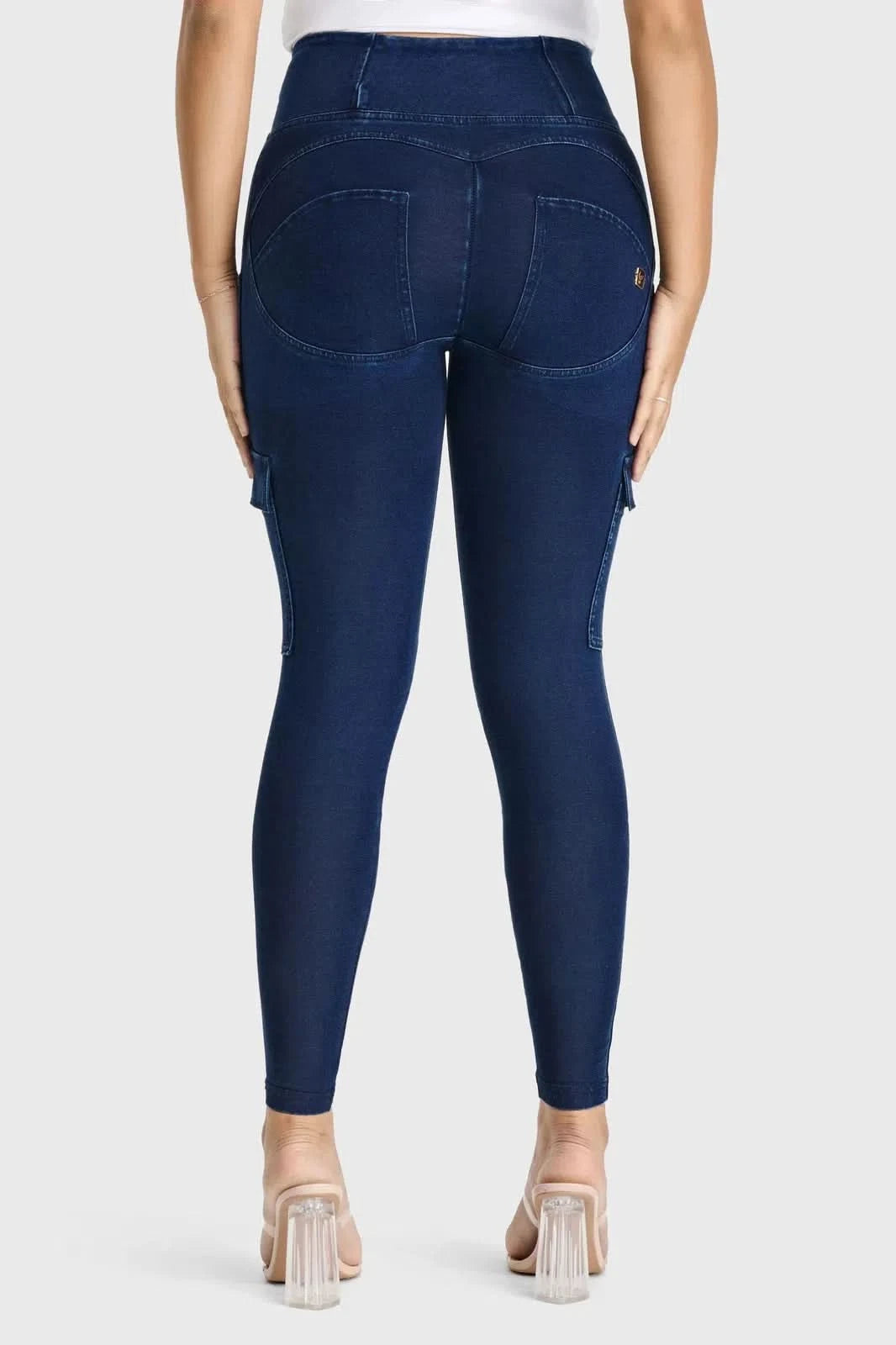 WRUP Cargo Denim - High Waisted - Petite Length - Dark Blue + Blue Stitching