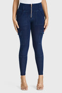 WRUP Cargo Denim - High Waisted - 7/8 Length - Dark Blue + Blue Stitching