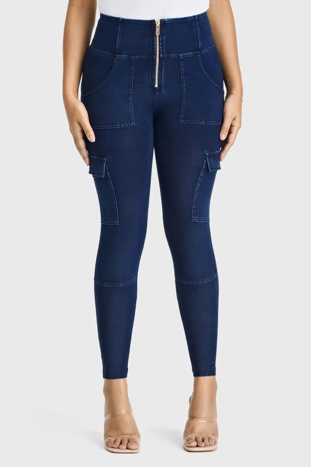 WRUP Cargo Denim - High Waisted - Petite Length - Dark Blue + Blue Stitching