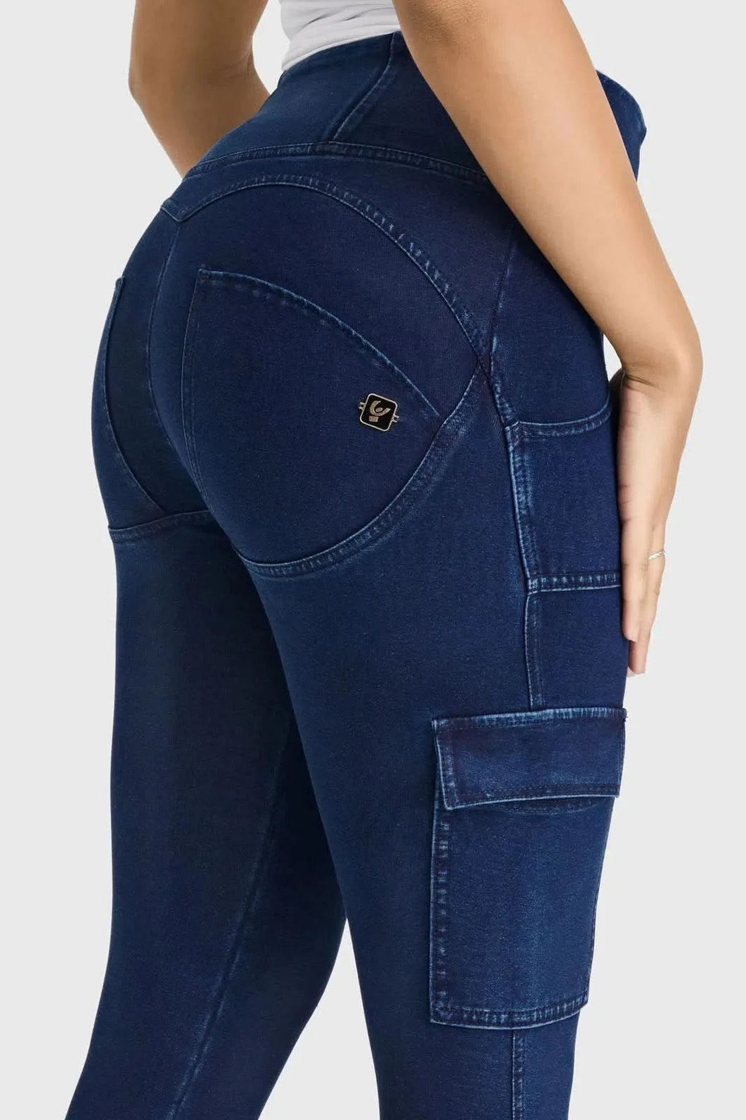 WRUP Cargo Denim - High Waisted - Petite Length - Dark Blue + Blue Stitching