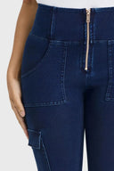 WRUP Cargo Denim - High Waisted - 7/8 Length - Dark Blue + Blue Stitching
