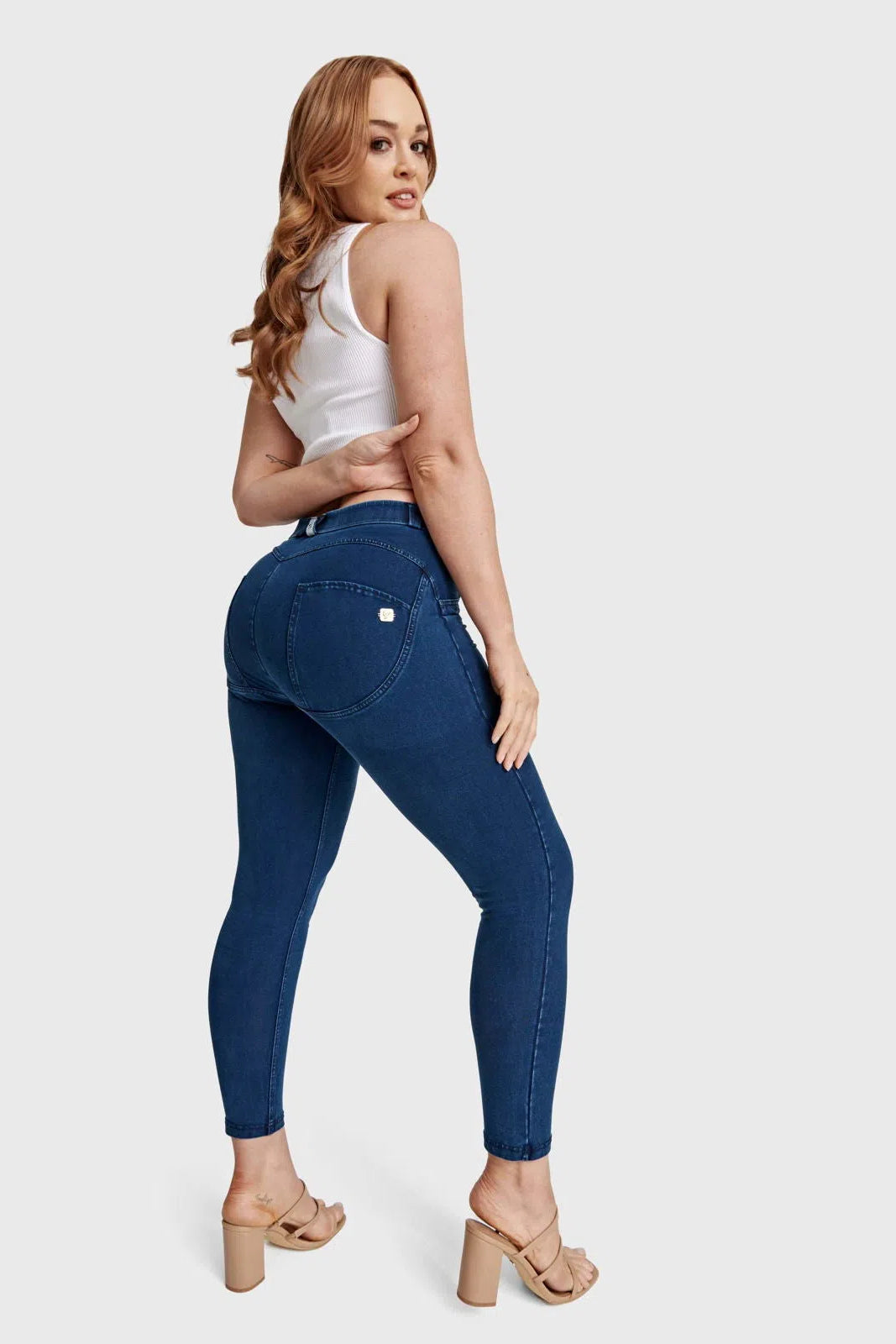 WRUP Curvy Denim - High Waisted - 7/8 Length - Blue + Blue Stitching 2