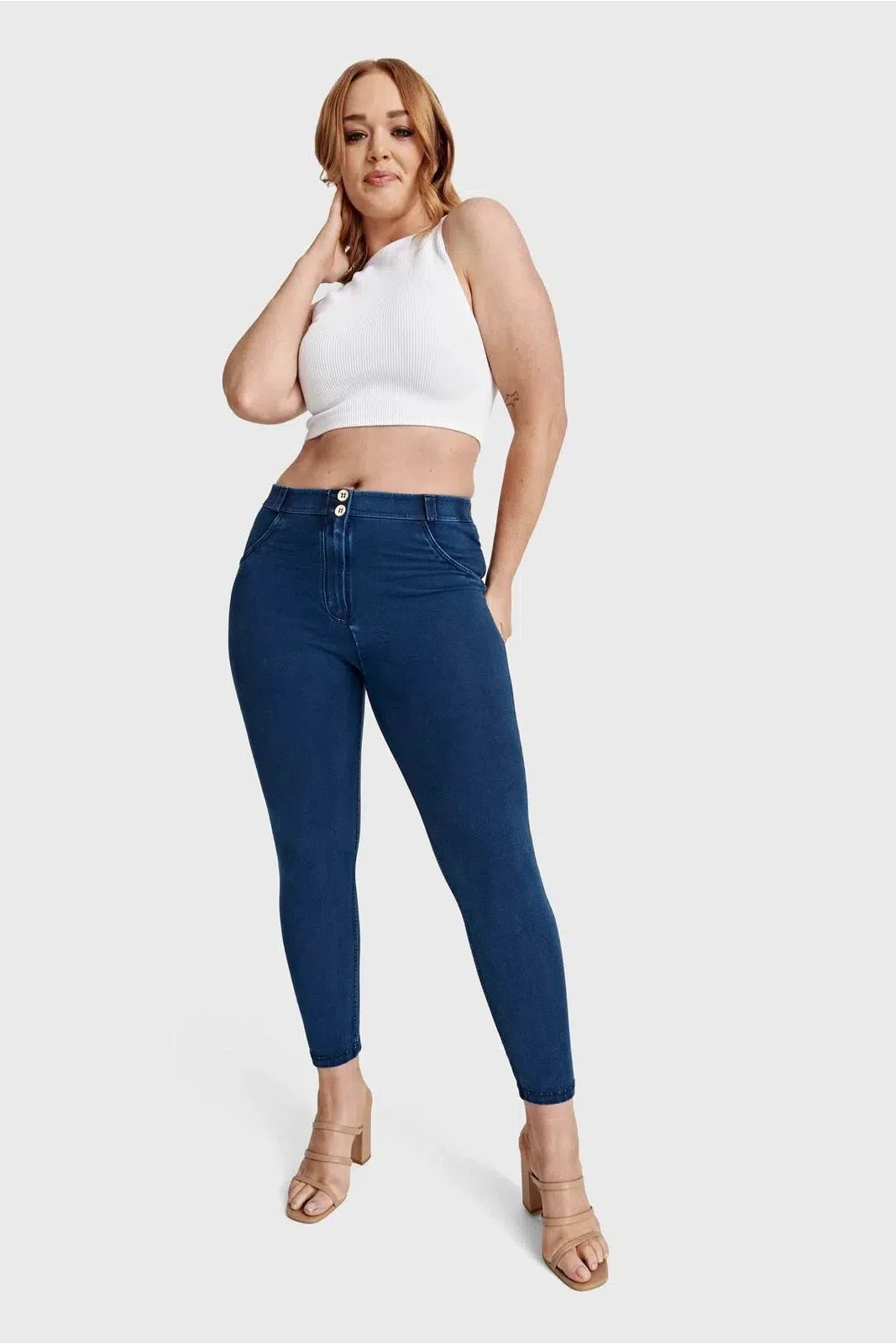 WRUP Curvy Denim - High Waisted - 7/8 Length - Blue + Blue Stitching 3