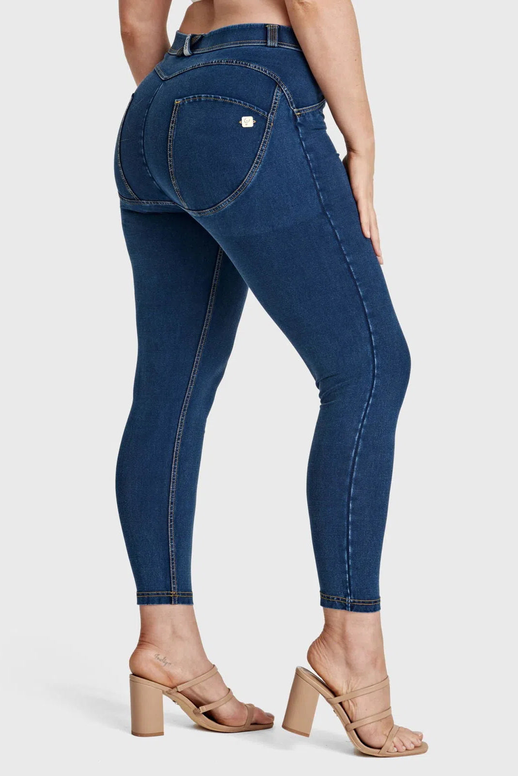 WRUP Curvy Denim - High Waisted - 7/8 Length - Dark Blue + Yellow Stitching 2
