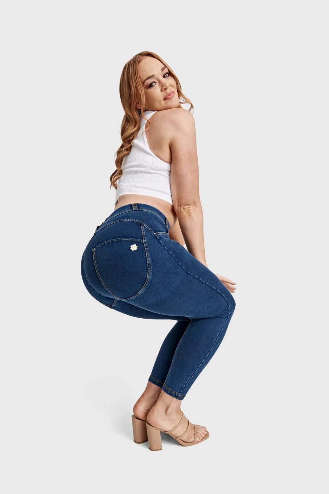 WRUP Curvy Denim - High Waisted - 7/8 Length - Dark Blue + Yellow Stitching 3