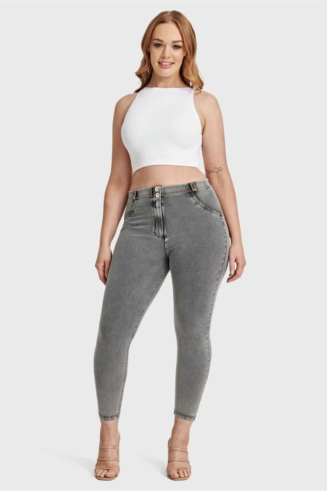 WRUP Curvy Denim - High Waisted - 7/8 Length - Grey + Yellow Stitching 3