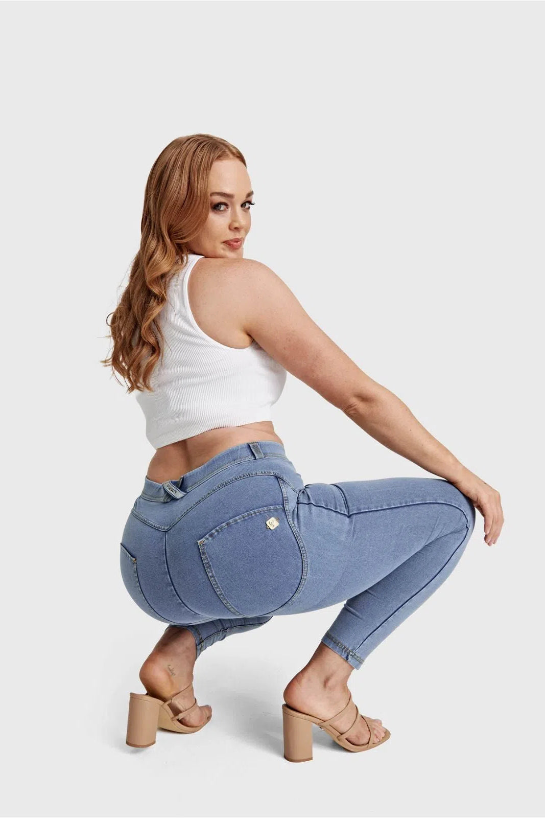 WRUP Curvy Denim - High Waisted - 7/8 Length - Light Blue + Yellow Stitching 2
