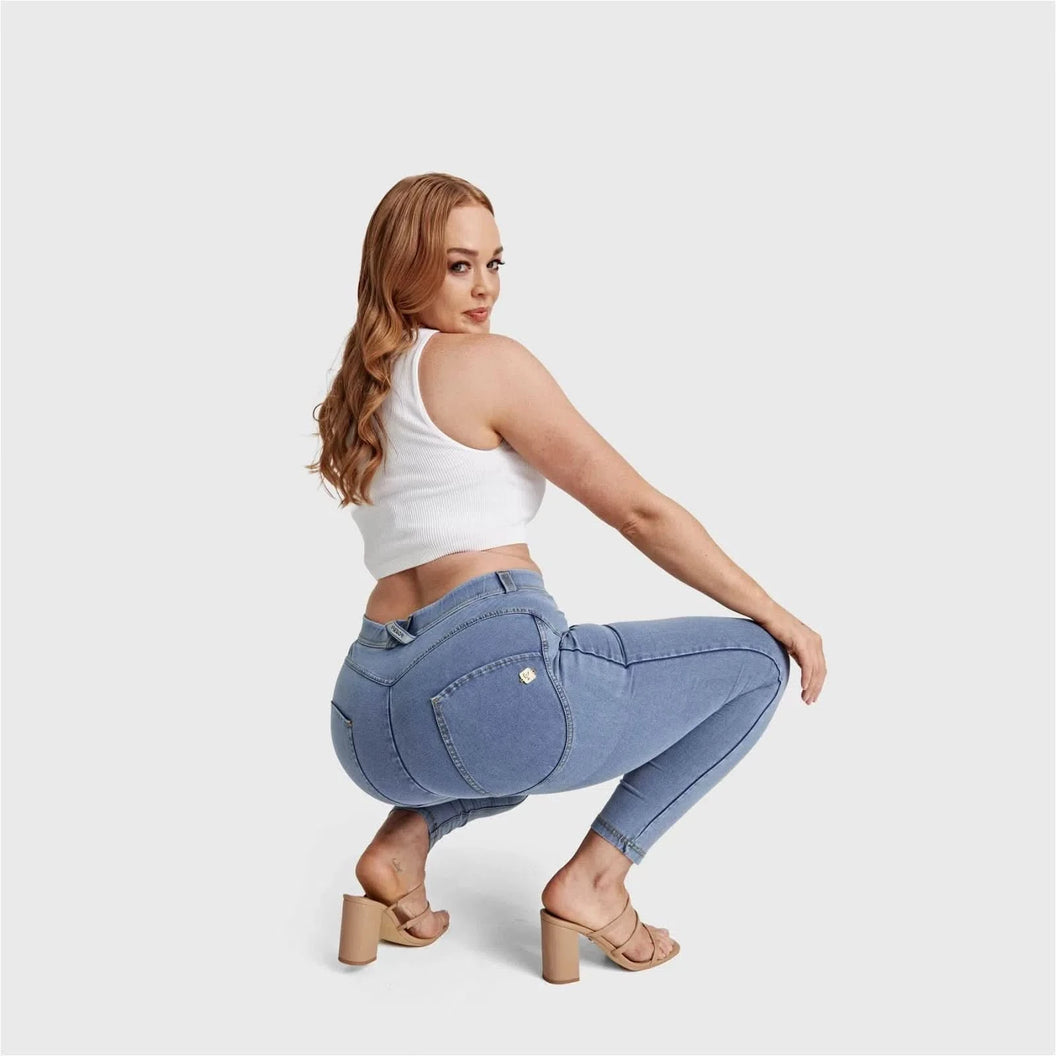 WRUP Curvy Denim - High Waisted - 7/8 Length - Light Blue + Yellow Stitching