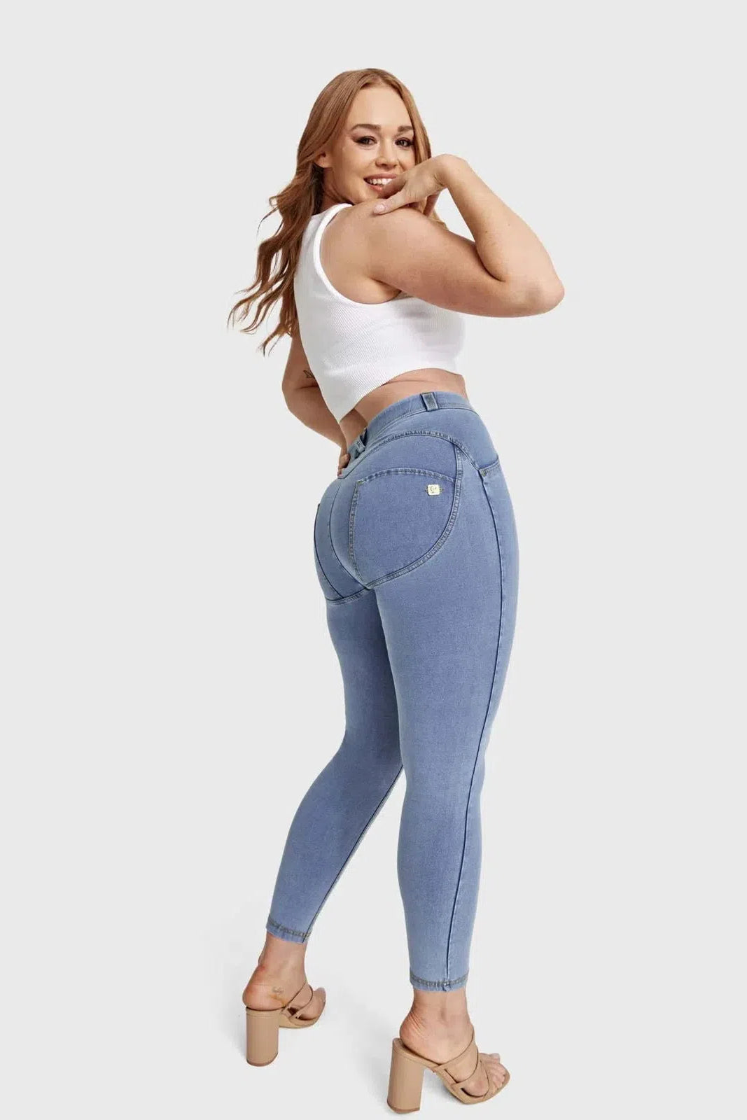 WRUP Curvy Denim - High Waisted - 7/8 Length - Light Blue + Yellow Stitching 3