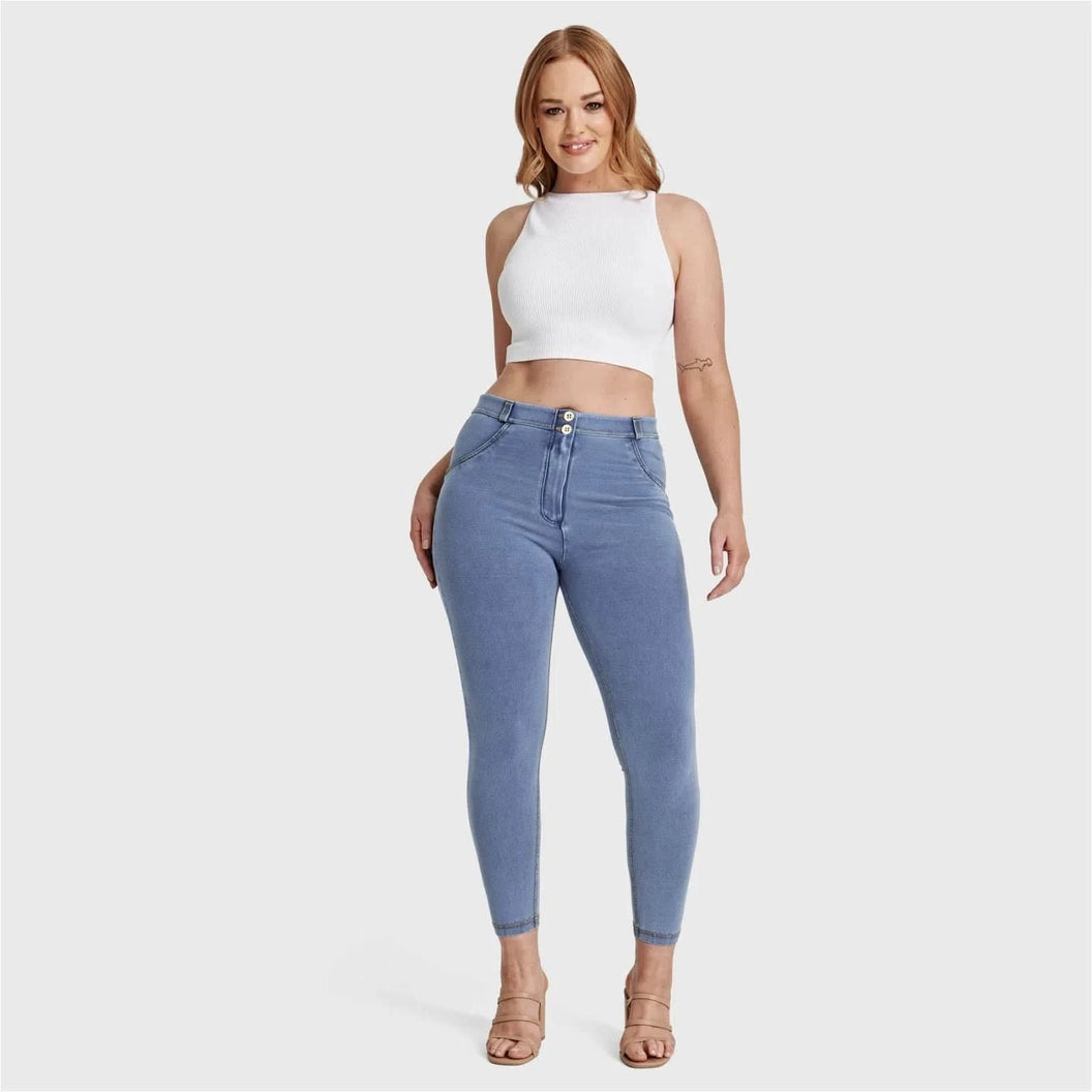 WRUP Curvy Denim - High Waisted - 7/8 Length - Light Blue + Yellow Stitching