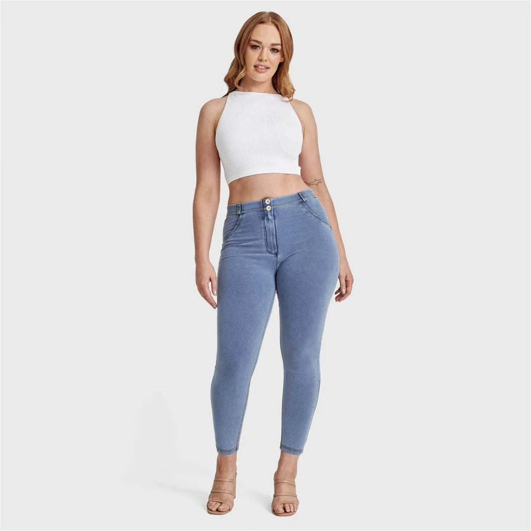 WRUP Curvy Denim - High Waisted - 7/8 Length - Light Blue + Yellow Stitching