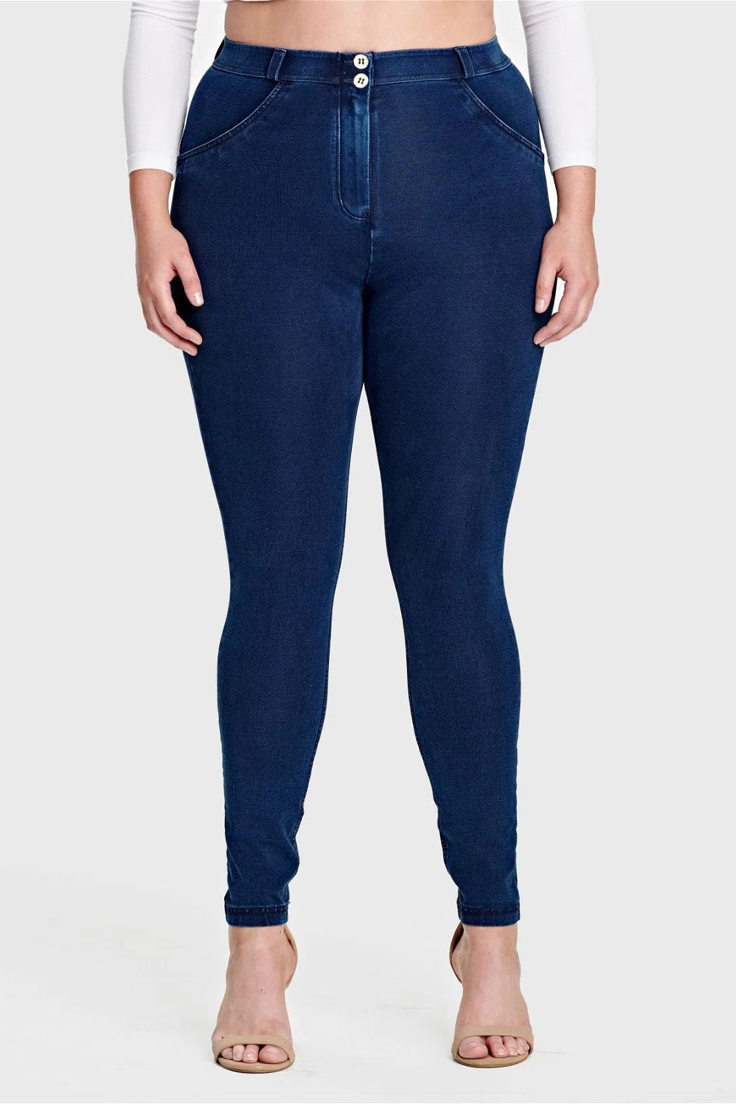 WRUP Curvy Denim - High Waisted - Full Length - Dark Blue + Blue Stitching 2
