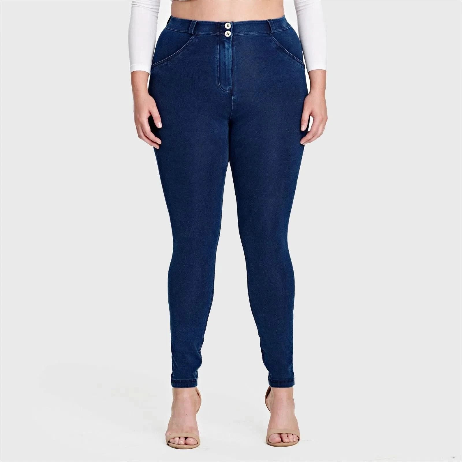 WRUP Curvy Denim - High Waisted - Full Length - Dark Blue + Blue Stitching 2