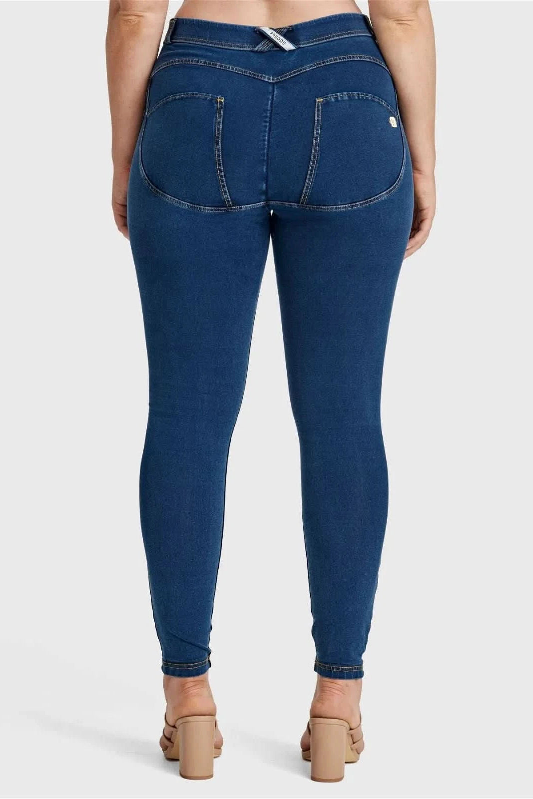 WRUP Curvy Denim - High Waisted - Full Length - Dark Blue + Yellow Stitching 2