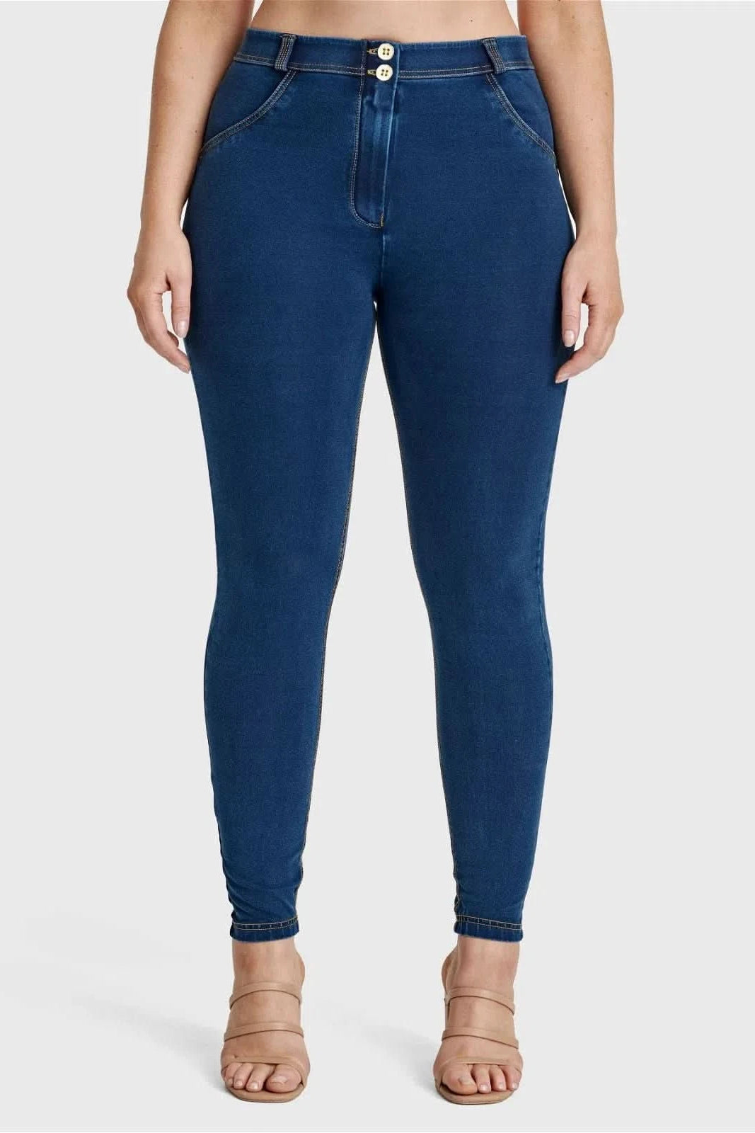 WRUP Curvy Denim - High Waisted - Full Length - Dark Blue + Yellow Stitching 3