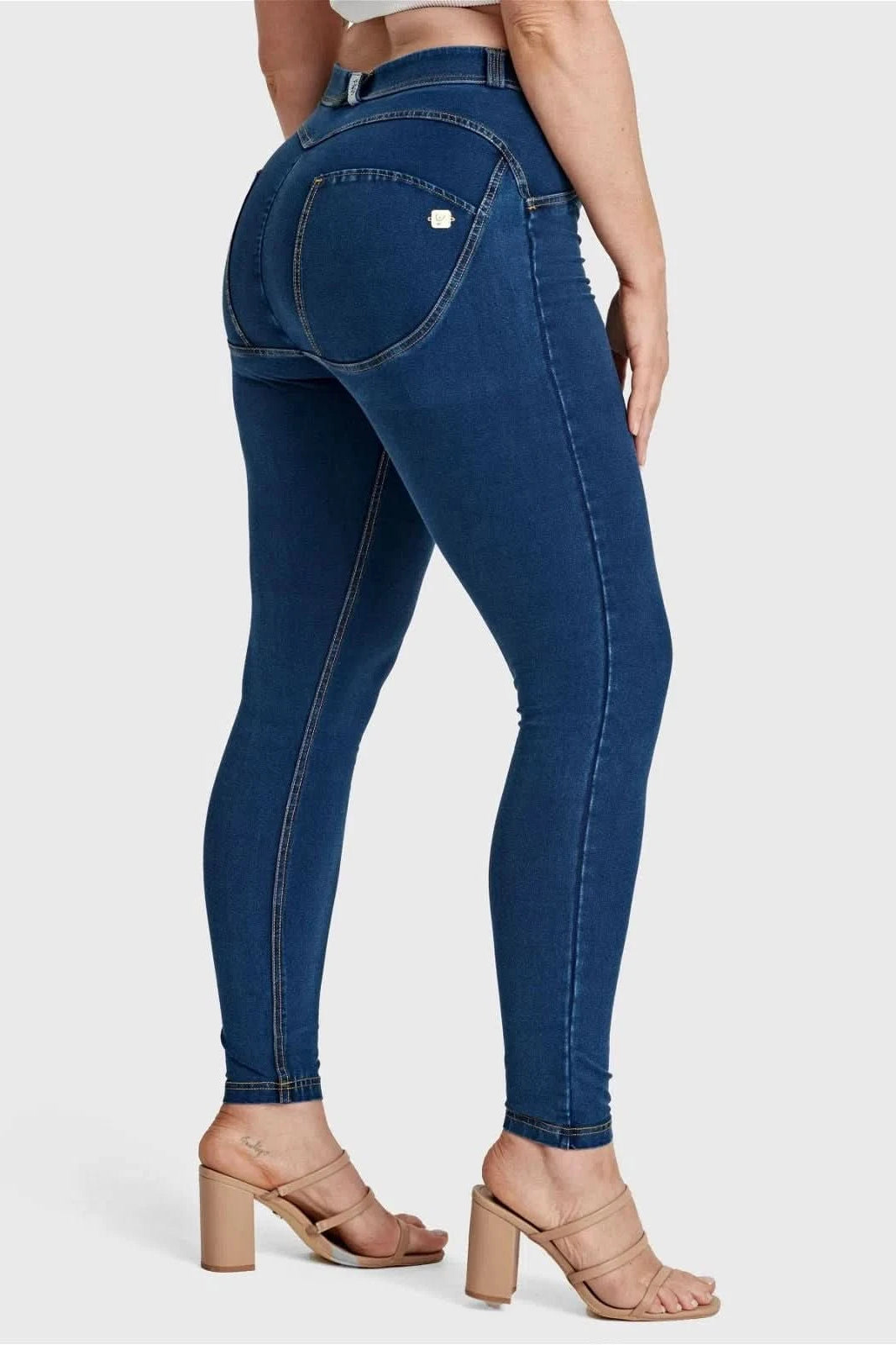 WRUP Curvy Denim - High Waisted - Full Length - Dark Blue + Yellow Stitching 1