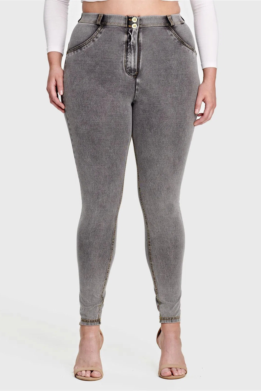 WRUP Curvy Denim - High Waisted - Full Length - Grey + Yellow Stitching 3