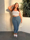 WRUP Curvy Denim - High Waisted - Full Length - Light Blue + Yellow Stitching