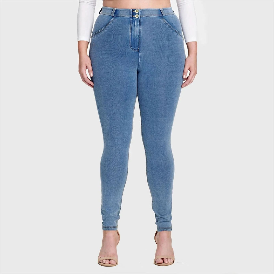 WRUP Curvy Denim - High Waisted - Full Length - Light Blue + Yellow Stitching