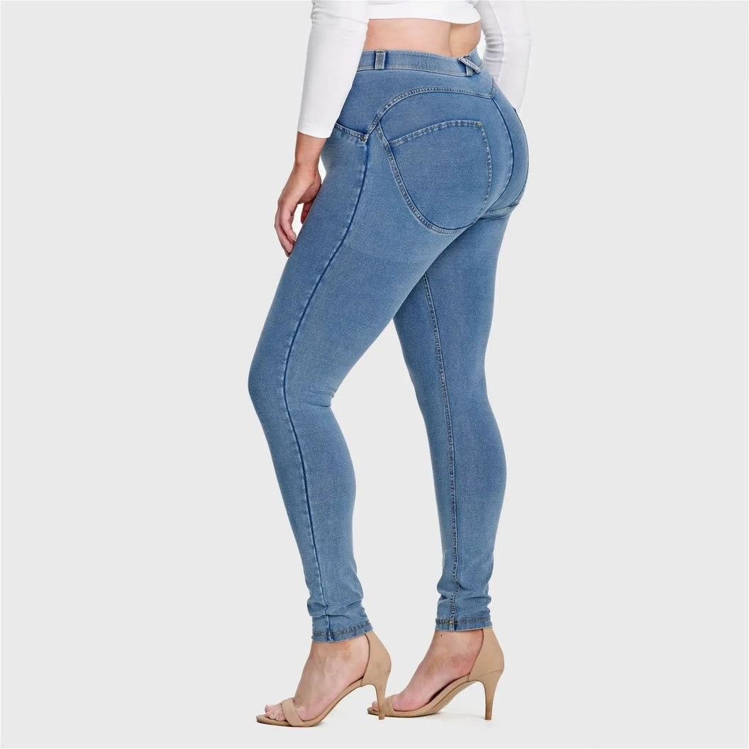 WRUP Curvy Denim - High Waisted - Full Length - Light Blue + Yellow Stitching