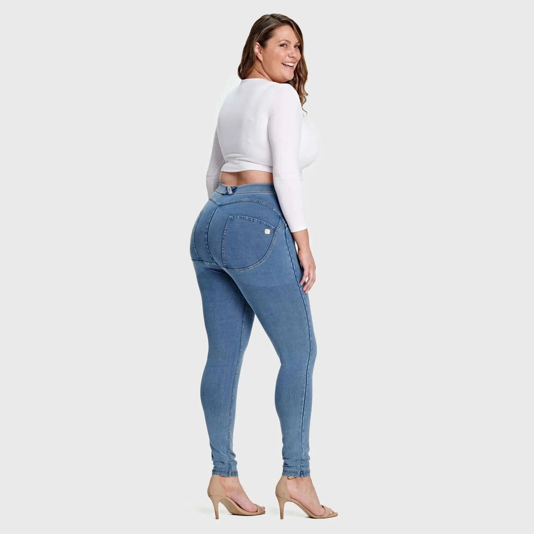 WRUP Curvy Denim - High Waisted - Full Length - Light Blue + Yellow Stitching