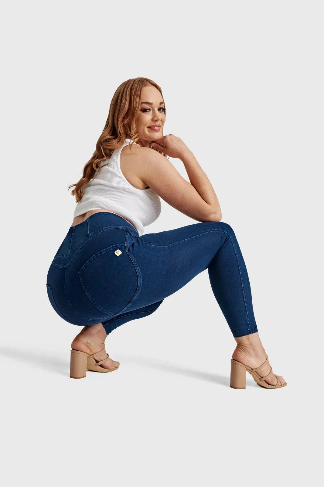 WRUP Curvy Denim - Zip High Waisted - 7/8 Length - Dark Blue + Blue Stitching 2