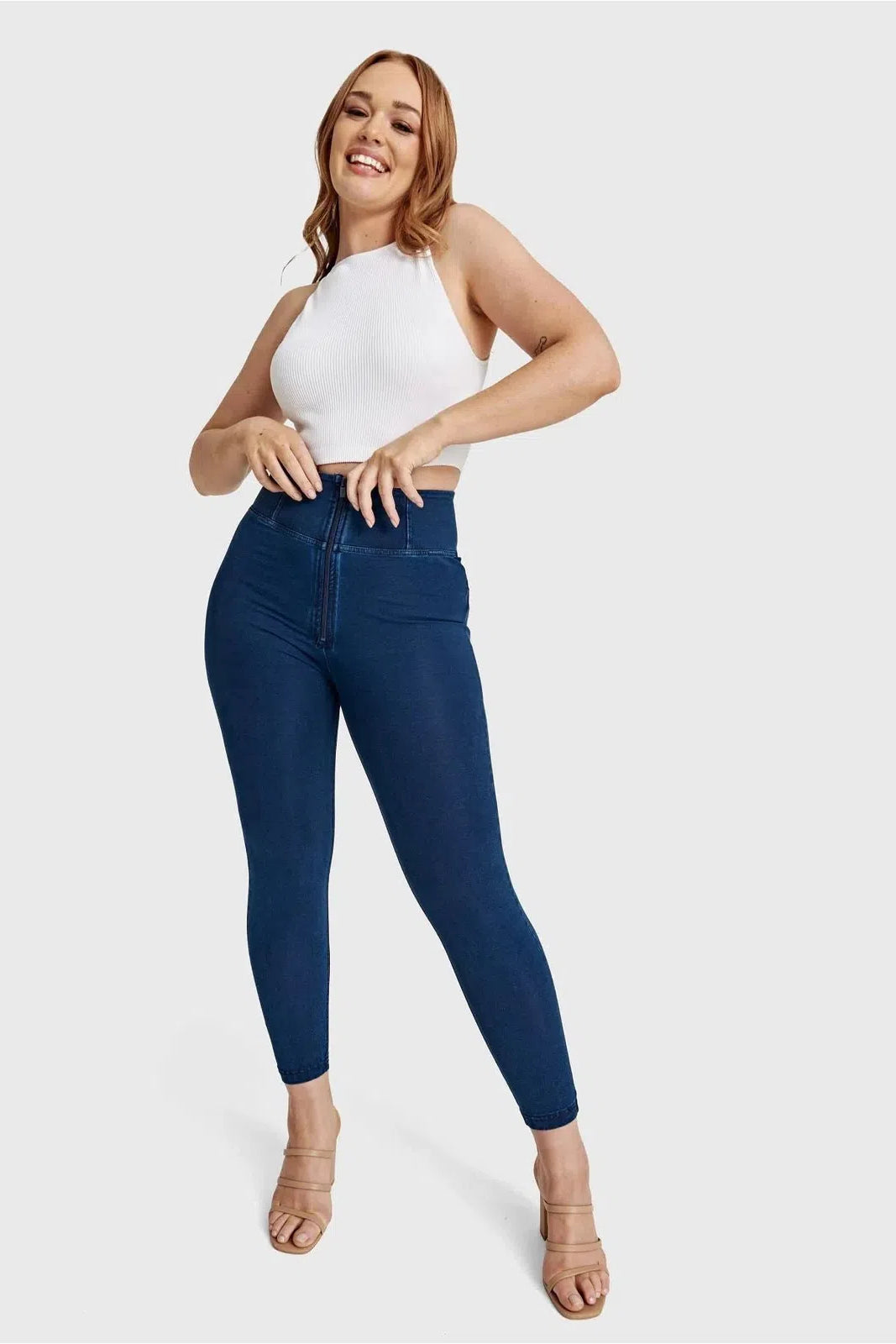 WRUP Curvy Denim - Zip High Waisted - 7/8 Length - Dark Blue + Blue Stitching 3