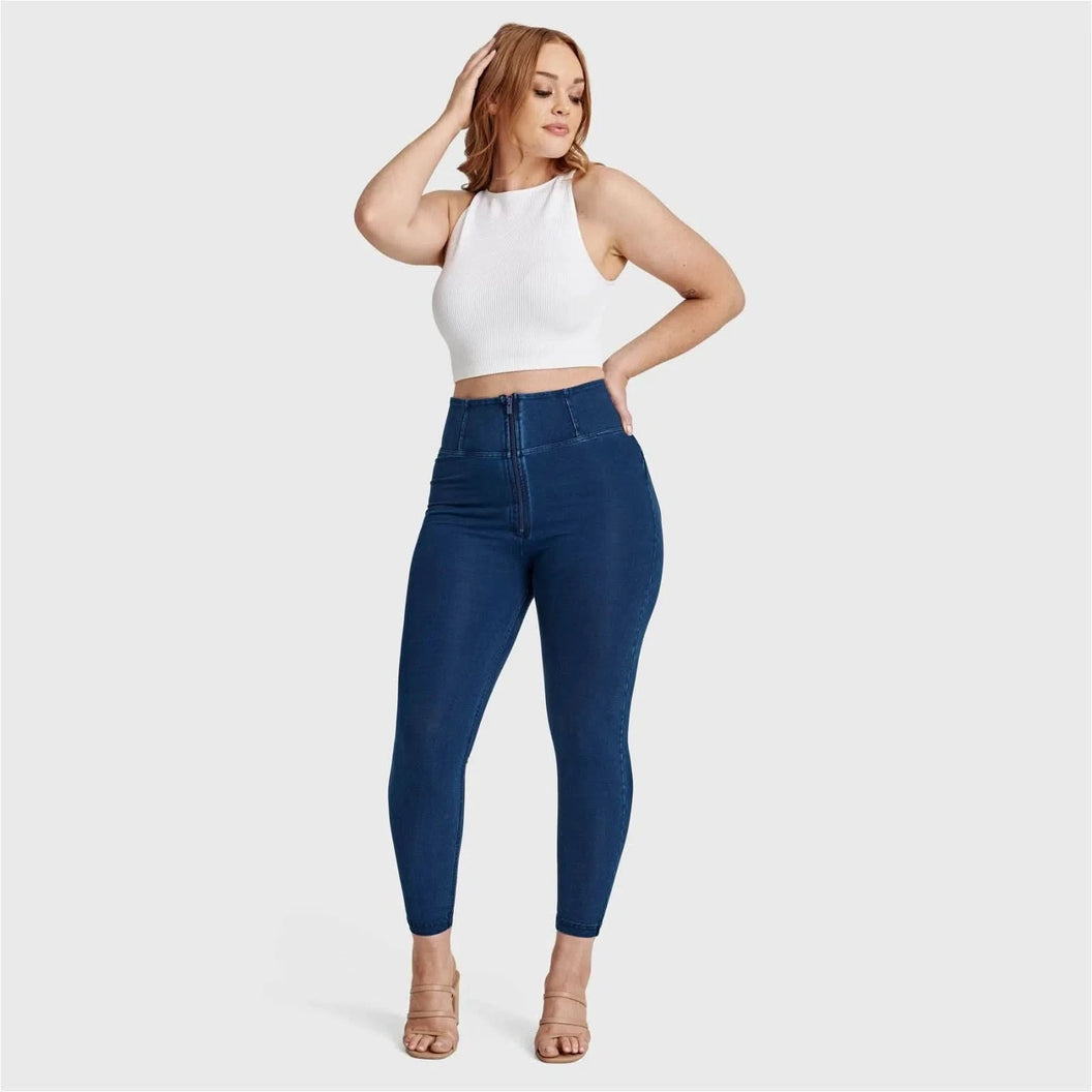 WRUP Curvy Denim - Zip High Waisted - 7/8 Length - Dark Blue + Blue Stitching