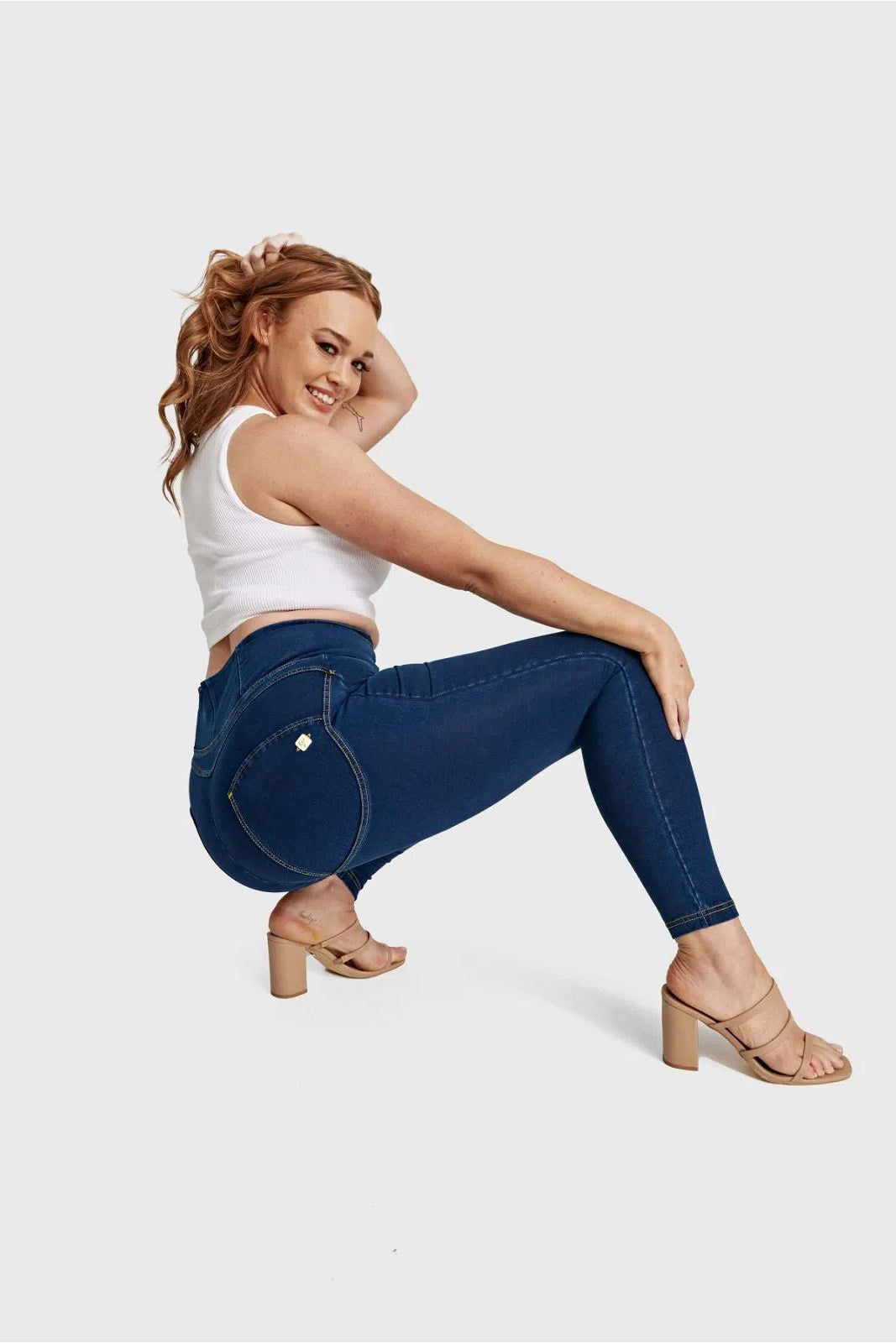WRUP Curvy Denim - Zip High Waisted - 7/8 Length - Dark Blue + Yellow Stitching 2