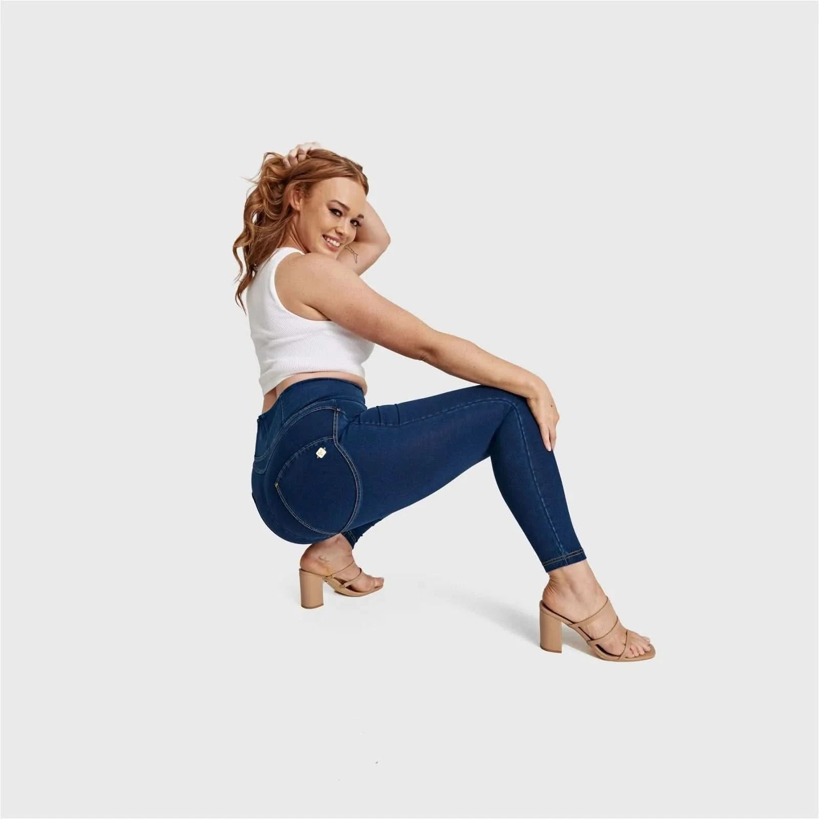 WRUP Curvy Denim - Zip High Waisted - 7/8 Length - Dark Blue + Yellow Stitching 2