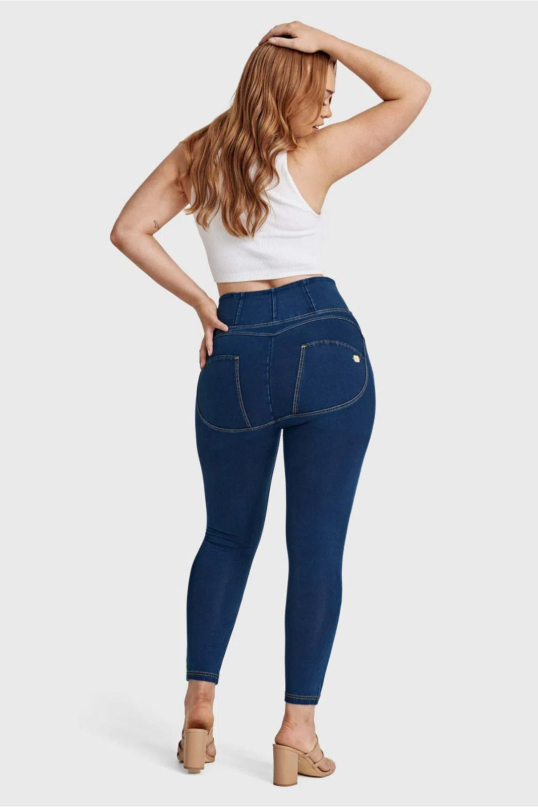 WRUP Curvy Denim - Zip High Waisted - 7/8 Length - Dark Blue + Yellow Stitching 3