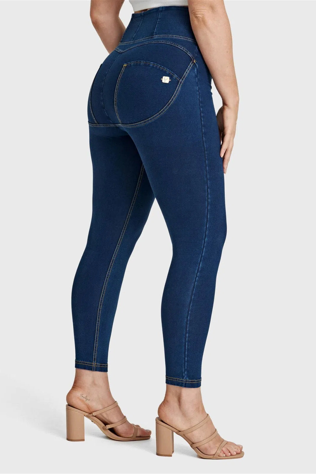 WRUP Curvy Denim - Zip High Waisted - 7/8 Length - Dark Blue + Yellow Stitching 1