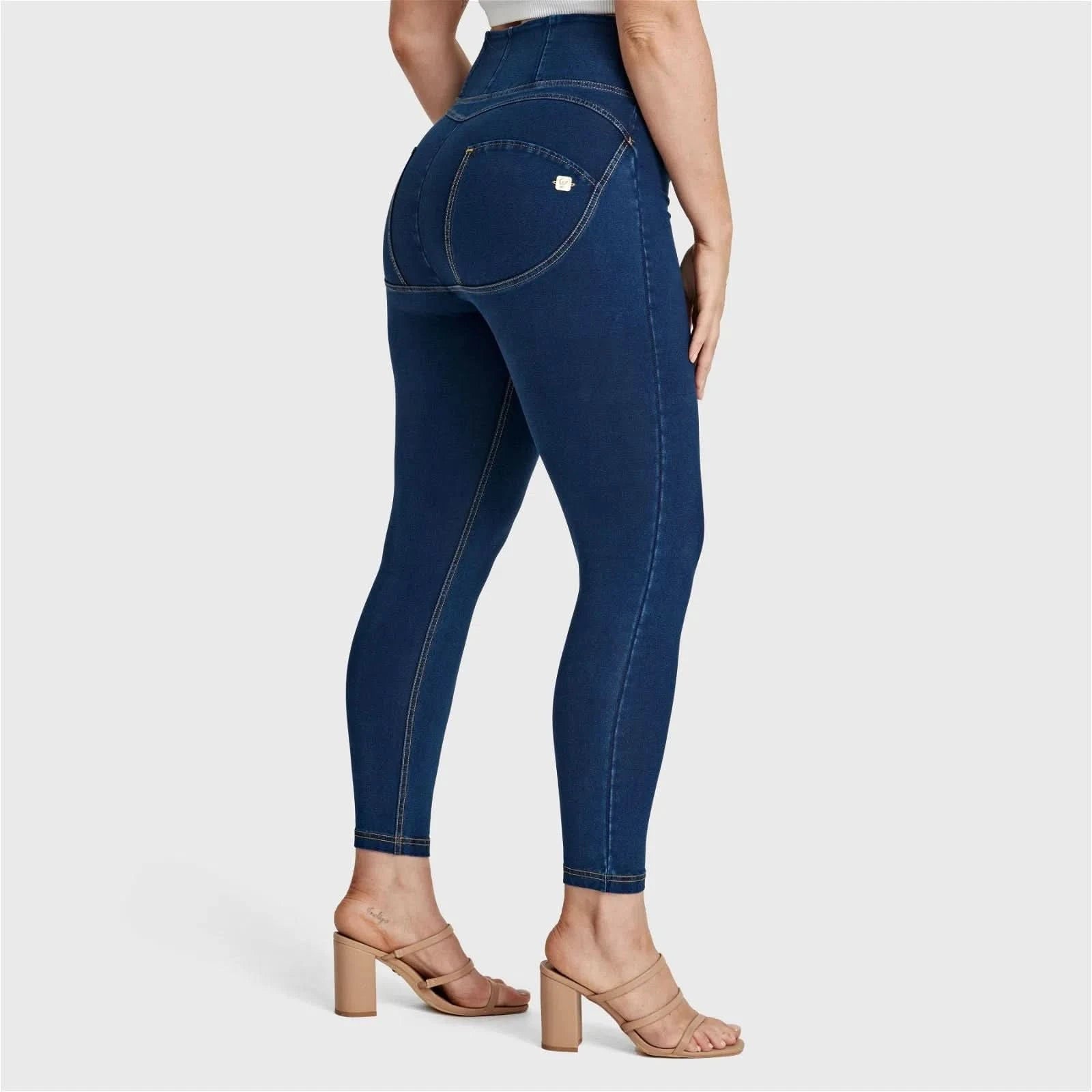 WRUP Curvy Denim - Zip High Waisted - 7/8 Length - Dark Blue + Yellow Stitching 1