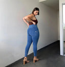 WRUP Curvy Denim - Zip High Waisted - 7/8 Length - Light Blue + Blue Stitching