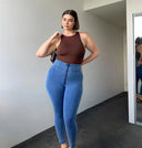 WRUP Curvy Denim - Zip High Waisted - 7/8 Length - Light Blue + Blue Stitching