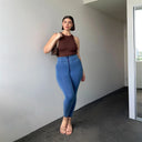 WRUP Curvy Denim - Zip High Waisted - 7/8 Length - Light Blue + Blue Stitching