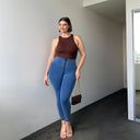 WRUP Curvy Denim - Zip High Waisted - 7/8 Length - Light Blue + Blue Stitching